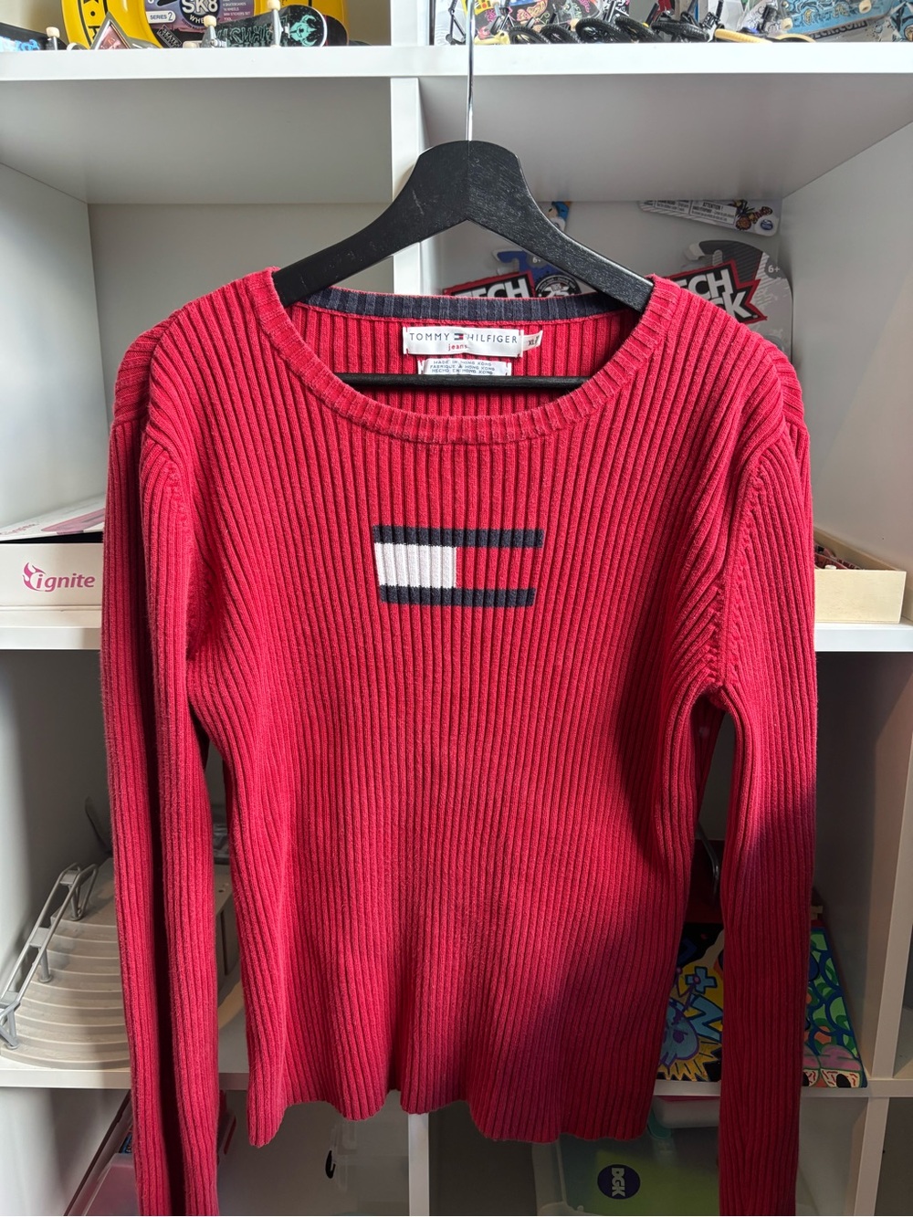 Tommy Hilfiger Women's Red Ribbed Crewneck Sweater with Flag Detail